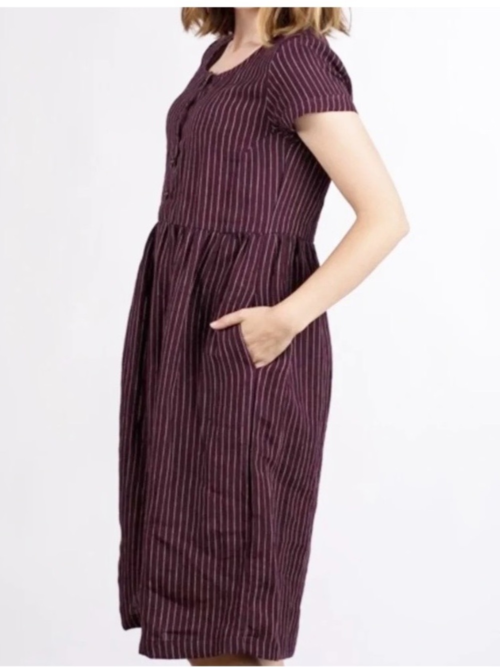 Pyne & Smith No. 11 Women’s Short-Sleeve Plum Stripe Linen Midi Dress, Sz M